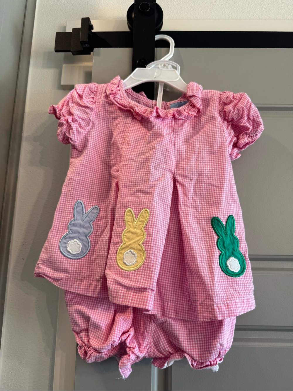 Classic Whimsy Pink Gingham Baby Dress Set with Bunny Appliques